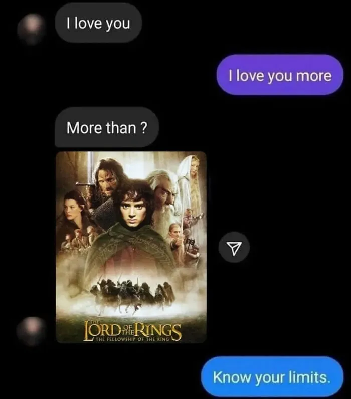 Text message meme showing someone saying I love you with a Lord of the Rings poster and a reply saying know your limits.