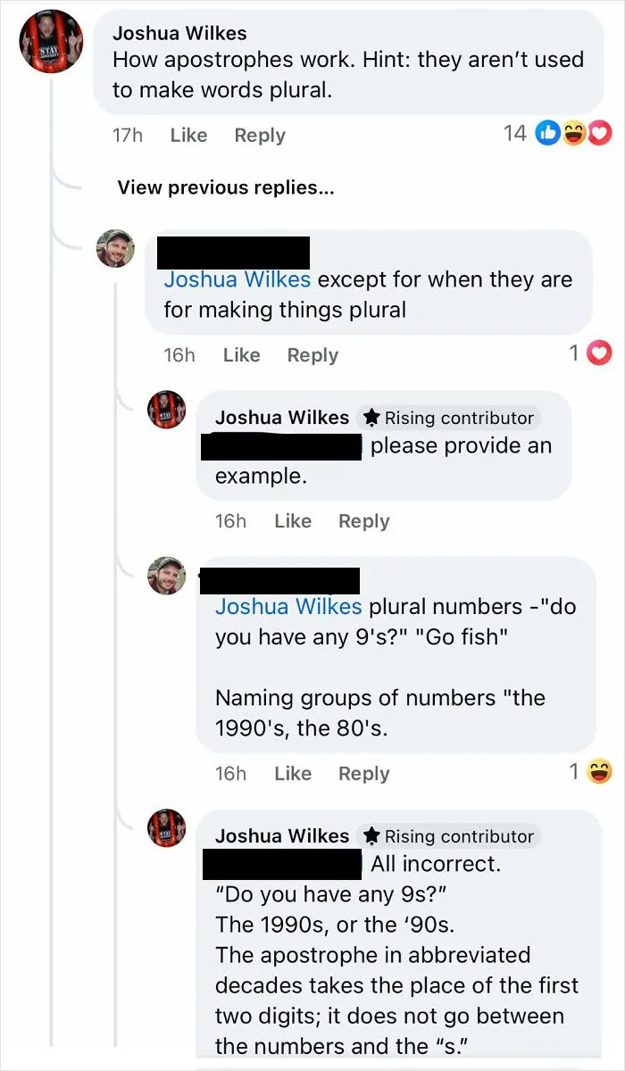 Screenshot of online group shaming overconfident know-it-alls incorrectly correcting apostrophe usage in plural numbers discussion.
