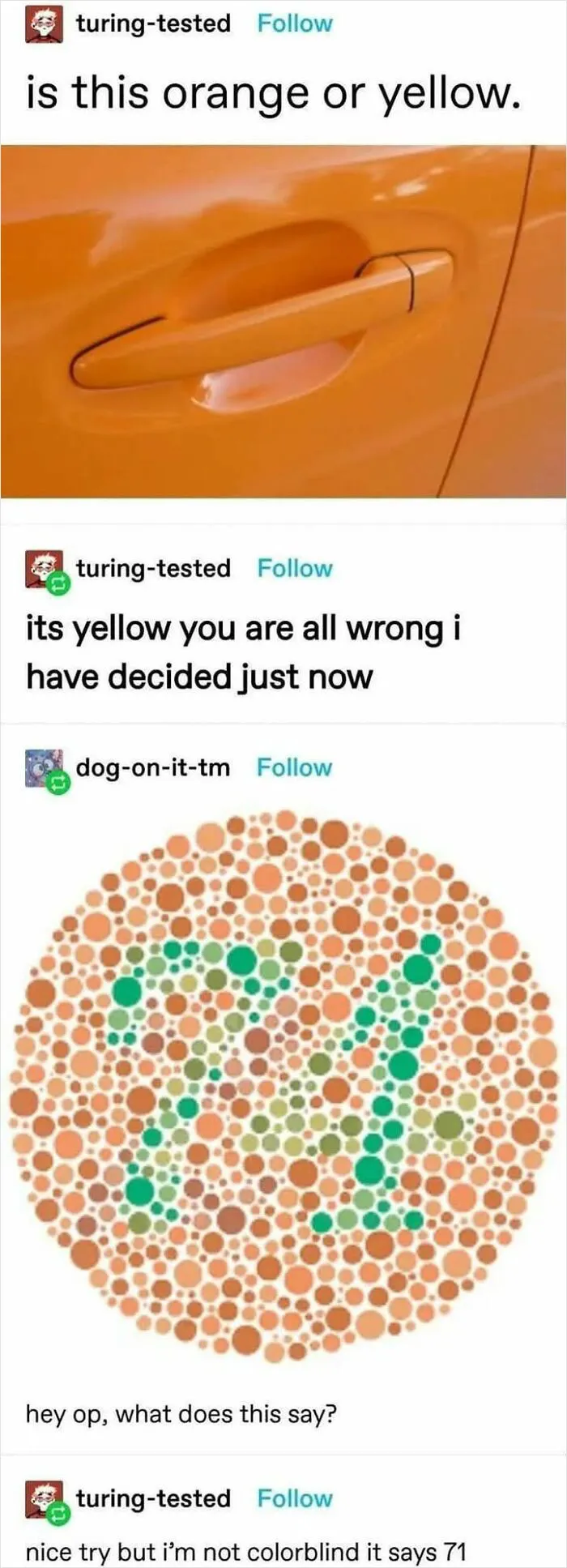 Car door handle debate on color shade with overconfident know-it-all online correction and colorblind test circle.