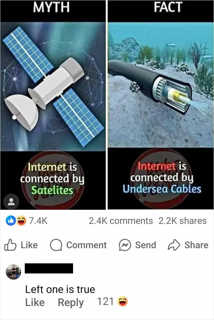 Myth vs fact image showing internet connected by satellites contrasted with internet connected by undersea cables.