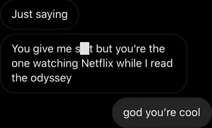 Screenshot of a cringy message from a man hitting on a woman with a sarcastic response about reading the Odyssey.