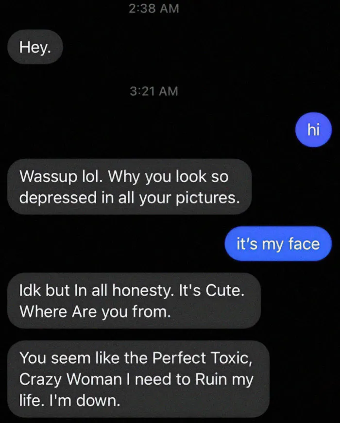 Screenshot of cringy men hitting on women with awkward and toxic messages in a late-night texting conversation.