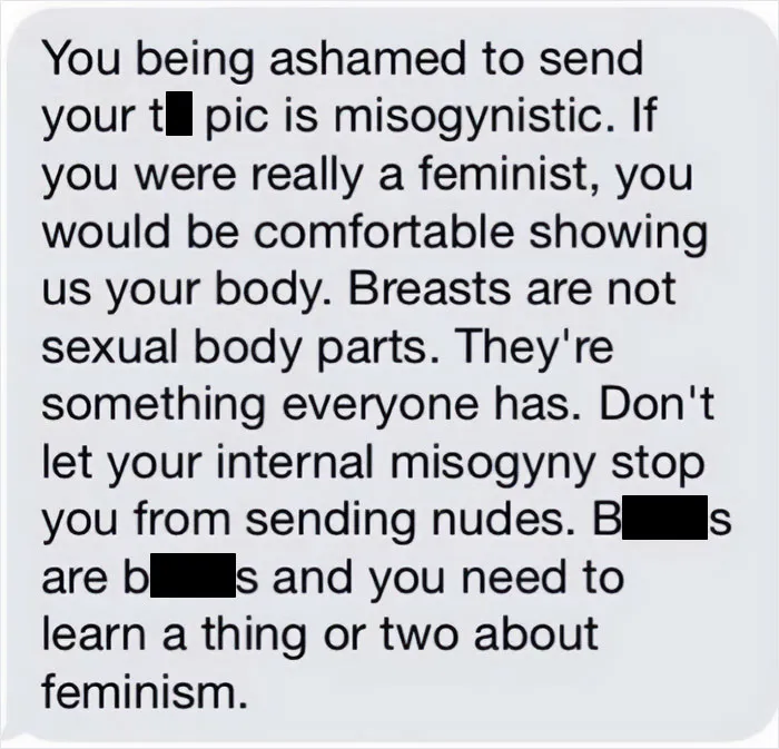 Cringy men sending messages denying misogyny and demanding nudes, shared by women in screenshots.
