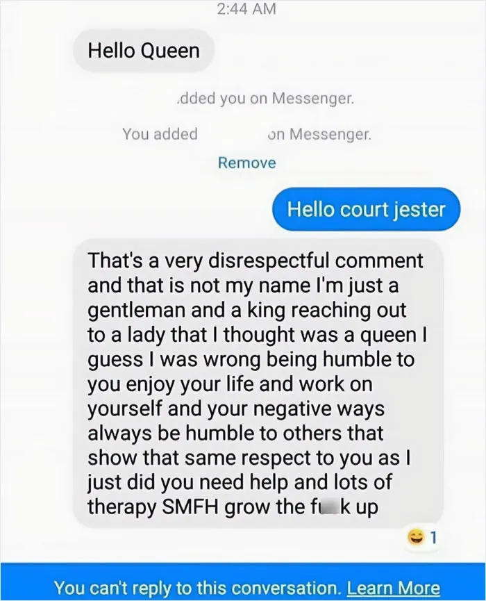 Screenshot of a cringy men hitting on women message with disrespectful and defensive tone in a text conversation.