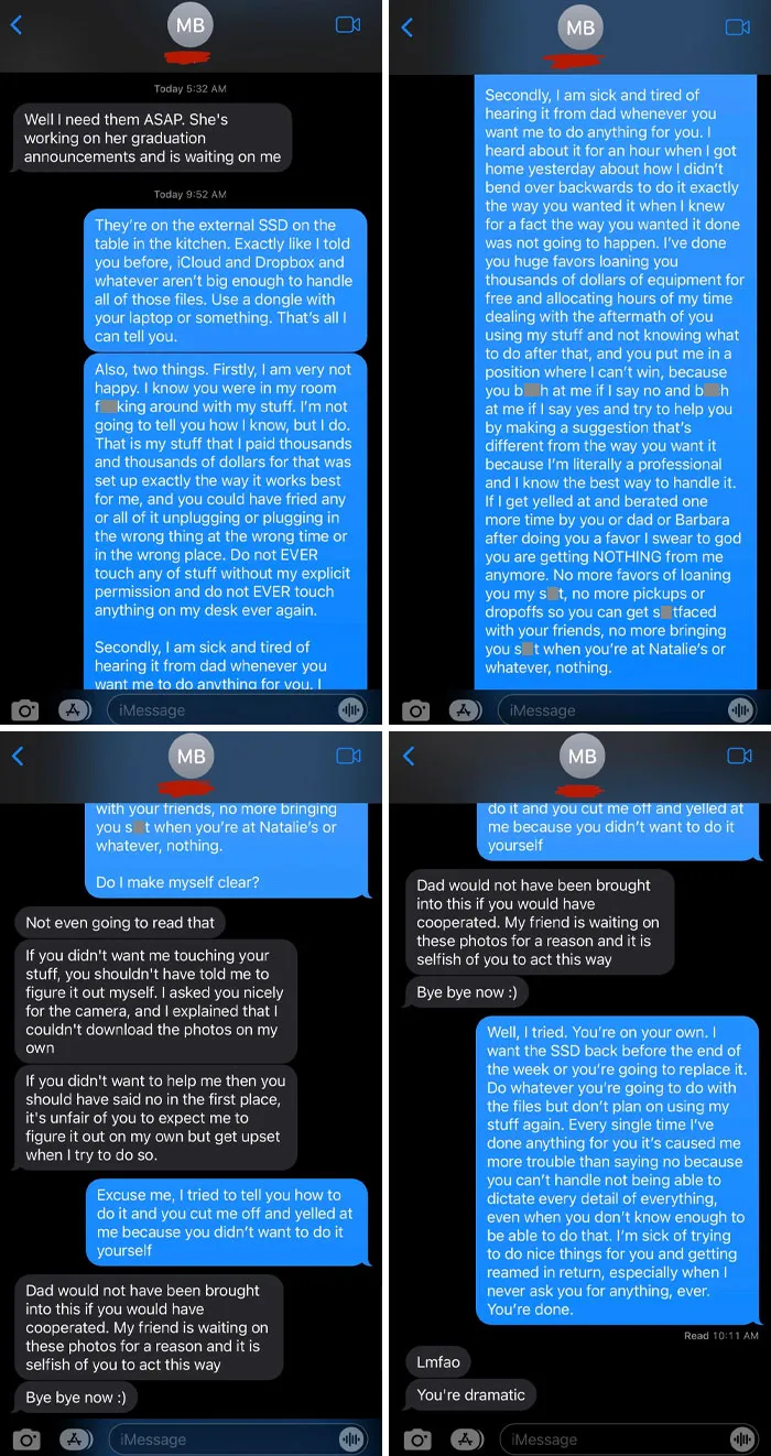 Text message exchange showing sibling shenanigans and conflict over borrowing and handling personal items and photos.