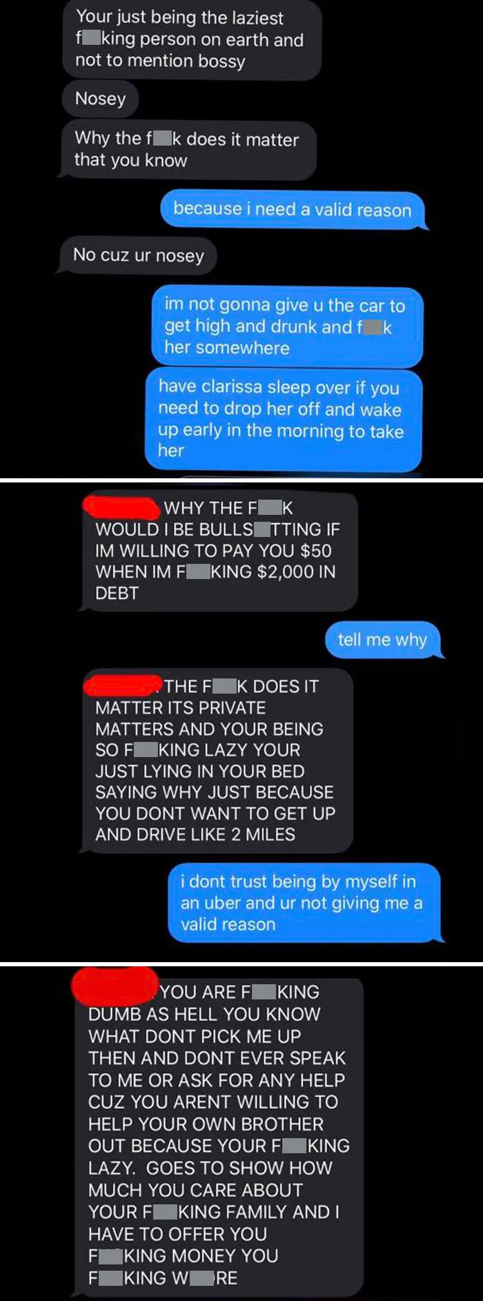 Text message exchange showing sibling shenanigans with arguments about trust, responsibility, and family issues in a heated conversation.