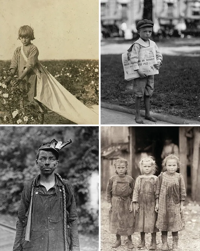Niños trabajando e infancia en hechos históricos poco conocidos del pasado en fotografías en blanco y negro.