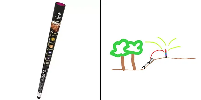 Firework rocket labeled Night Sky on a white background next to a childlike drawing of a person watching a firework launch near two trees.