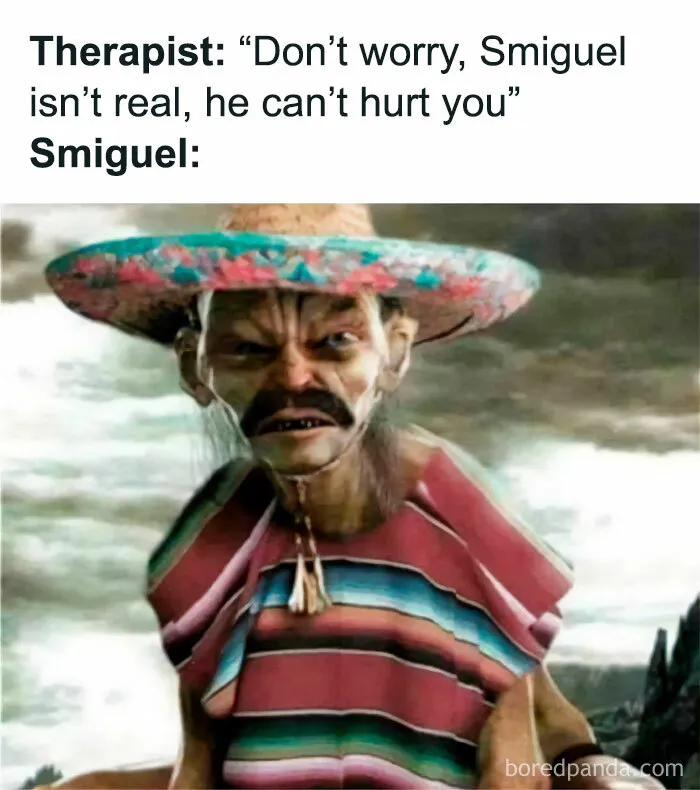 Smiguel character meme from Lord of the Rings wearing a colorful sombrero and poncho under a cloudy sky.