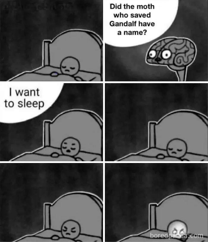 Person in bed unable to sleep, thinking about Lord of the Rings meme featuring moth that saved Gandalf.