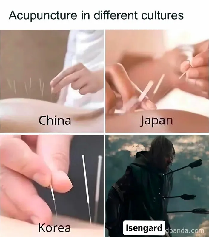 Four-panel meme comparing acupuncture methods in China, Japan, Korea with a Lord of the Rings scene at Isengard with arrows in a character.