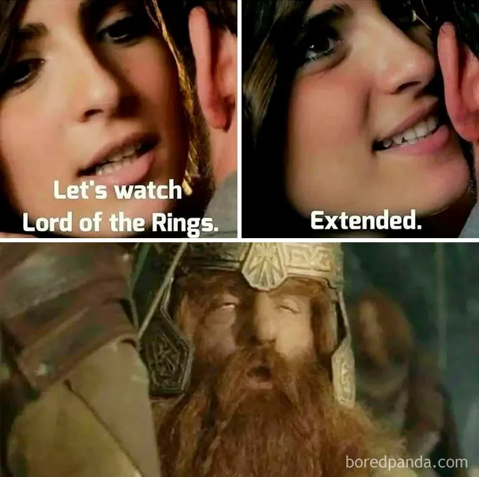 Couple suggesting to watch extended Lord of the Rings while a dwarf character looks overwhelmed in a humorous meme.