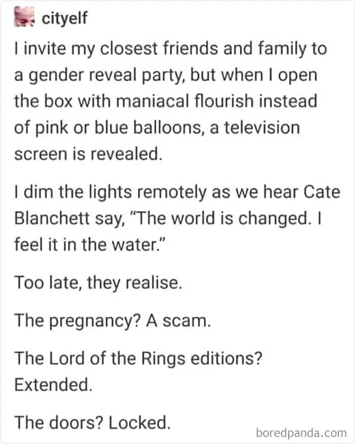 Text meme about a gender reveal party turned into a Lord of the Rings extended editions viewing event.
