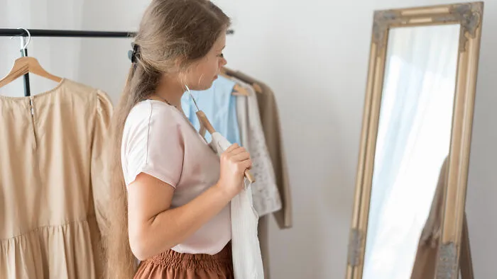 Young woman holding clothes and looking into a mirror, illustrating everyday sexism and pressure women face.