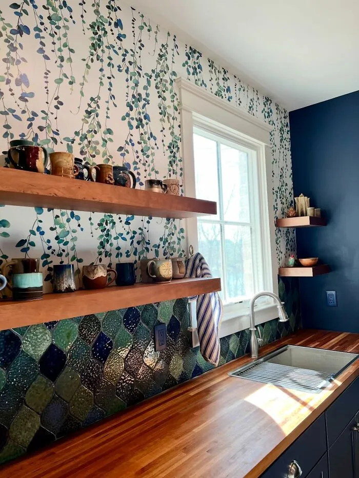 I Didn’t Want Our Pantry To Be Boring So I Made The Tile Myself In A Shape Complementary To The Leaves Of The Wallpaper