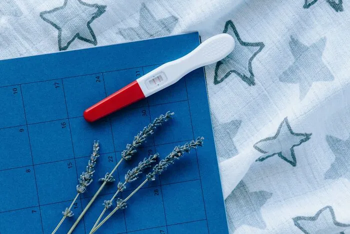 Pregnancy test on blue calendar with lavender sprigs, symbolizing hidden families and unexpected secrets discovered.