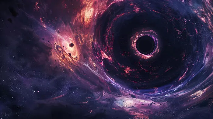 A dark and colorful swirling black hole in space surrounded by stars and cosmic debris, illustrating terrifying space facts.