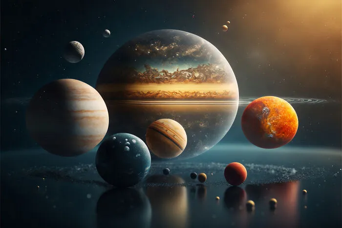 A digital illustration of planets and moons highlighting the vastness and terrifying facts about space exploration.