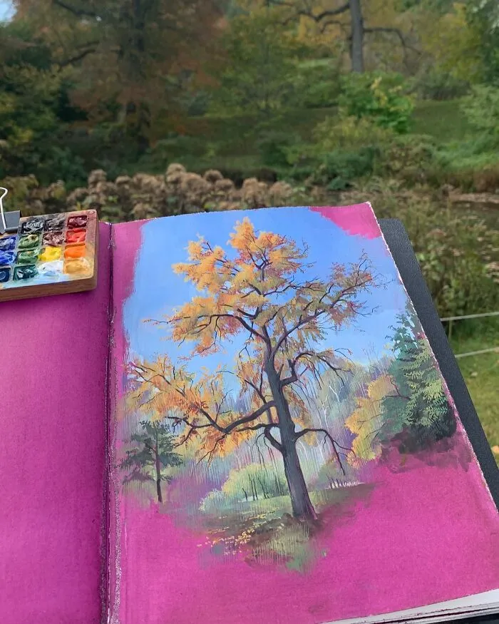 Watercolor painting of an autumn tree by Dina Brodsky showcasing detailed beauty of the natural world.