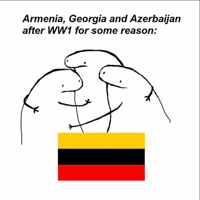 Three simple cartoon figures labeled Armenia, Georgia, and Azerbaijan, humorously depicted with a flag, challenging history knowledge.