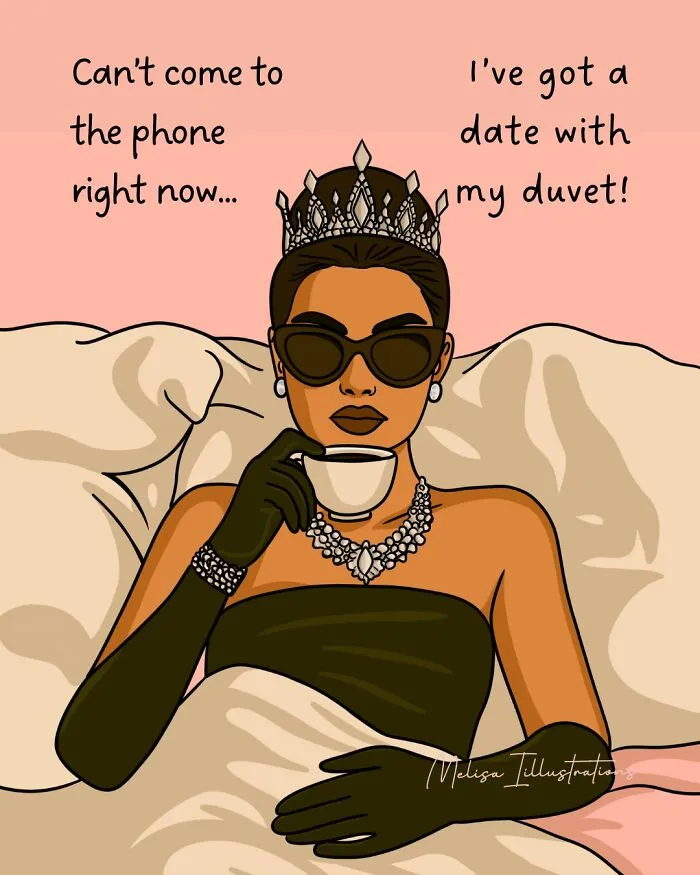 Woman wearing a crown and sunglasses, drinking tea in bed, representing empowering illustrations reminding women of their power.