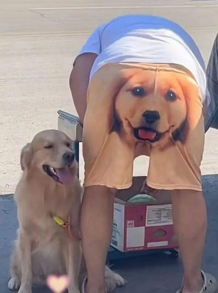 Person wearing shorts with a dog face print bending over next to a happy golden retriever dog outdoors.