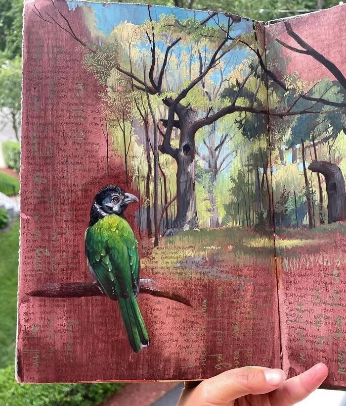 Detailed painting of a green bird on a branch with a forest background, showcasing the beauty of the natural world by Dina Brodsky.