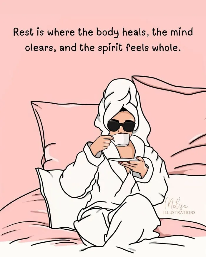 Woman in a bathrobe and sunglasses resting on a pink bed, enjoying tea, illustrating women's power and self-care.