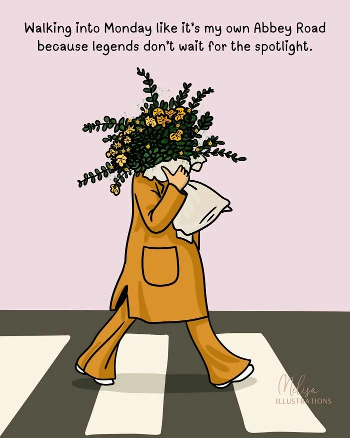 Woman walking confidently on a crosswalk with flowers as a head, symbolizing empowering illustrations for women’s strength.