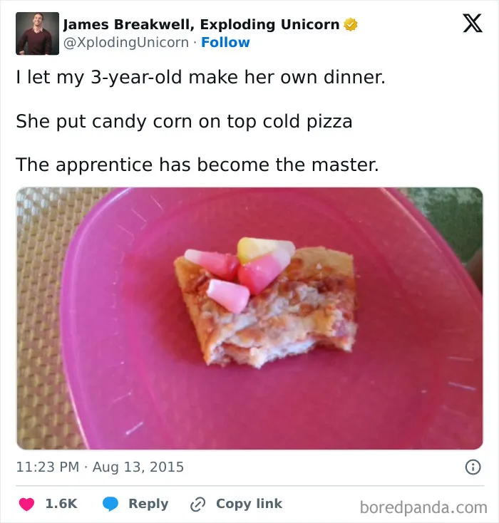Slice of cold pizza topped with candy corn on a pink plate, showcasing kids surprising parents with inventions.