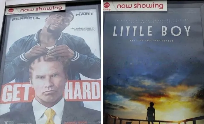Movie billboards showing advertising placement fails with a confusing mix of comedy and drama posters side by side.