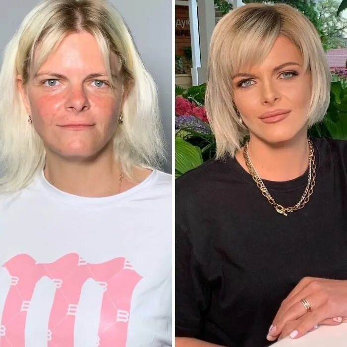 Mujer antes y después de transformación asombrosa realizada por estudio de maquillaje con look moderno y piel perfecta.