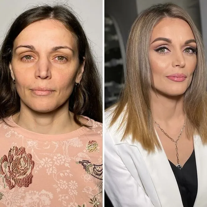 Mujer antes y después de transformación asombrosa con maquillaje profesional en estudio especializado.
