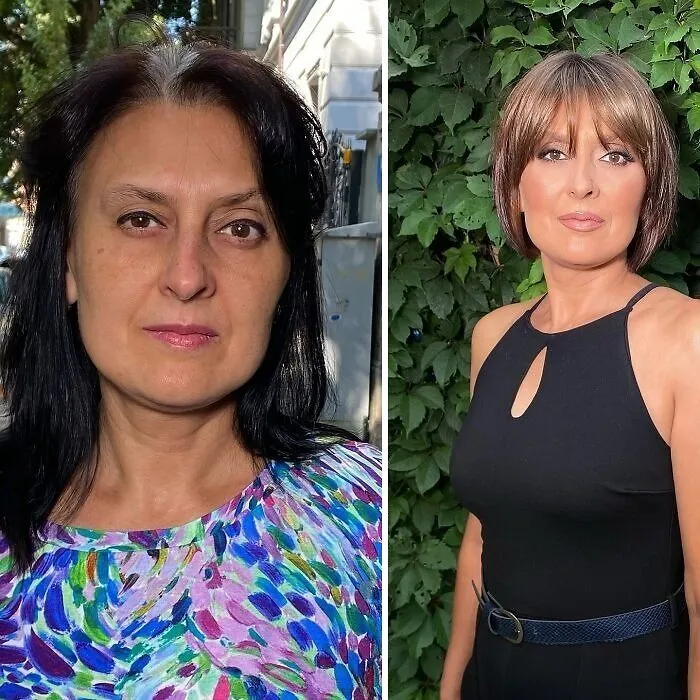 Transformación asombrosa de mujer con maquillaje profesional y cambio de look realizado por estudio de maquillaje experto.