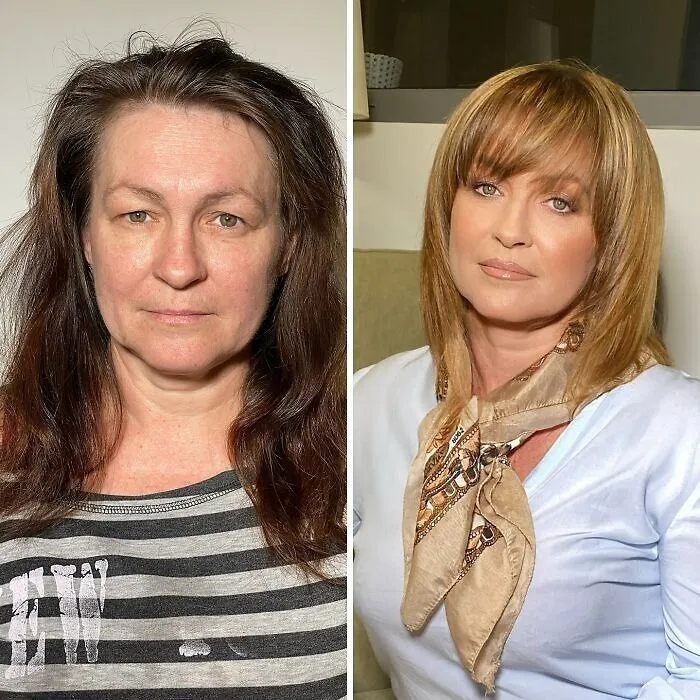 Transformación de maquillaje con cambio de look sorprendente y estilizado mostrando resultados profesionales del estudio de maquillaje.