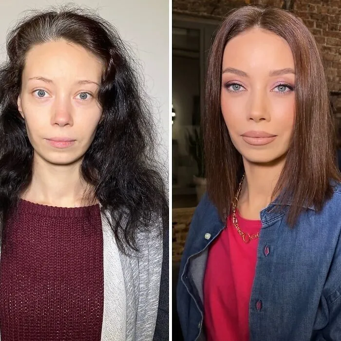 Transformación asombrosa de maquillaje en estudio, cambio de look con peinado y maquillaje profesional en mujer joven.