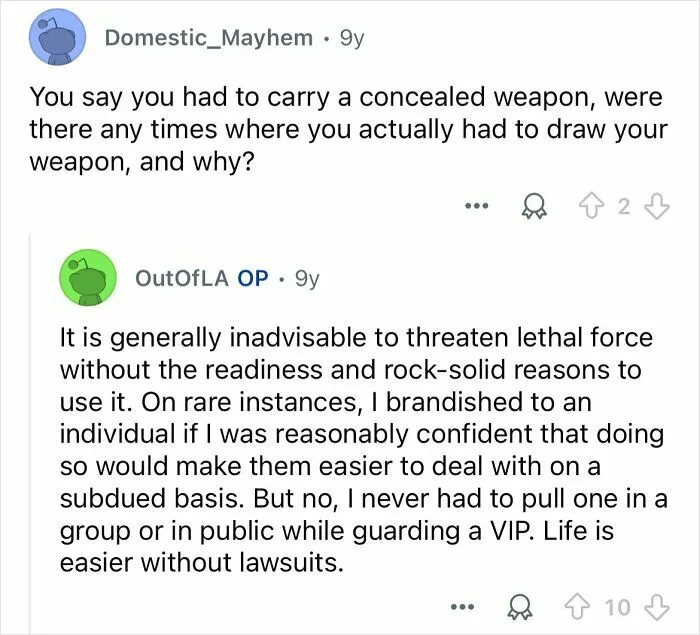 Reddit discussion where a celebrity bodyguard explains the cautious use of concealed weapons in their thankless job.