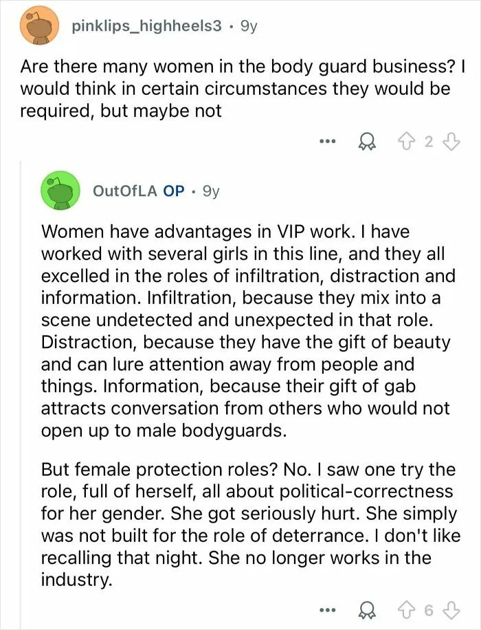 Reddit discussion on female bodyguards revealing unique roles and challenges in the celebrity bodyguard industry.