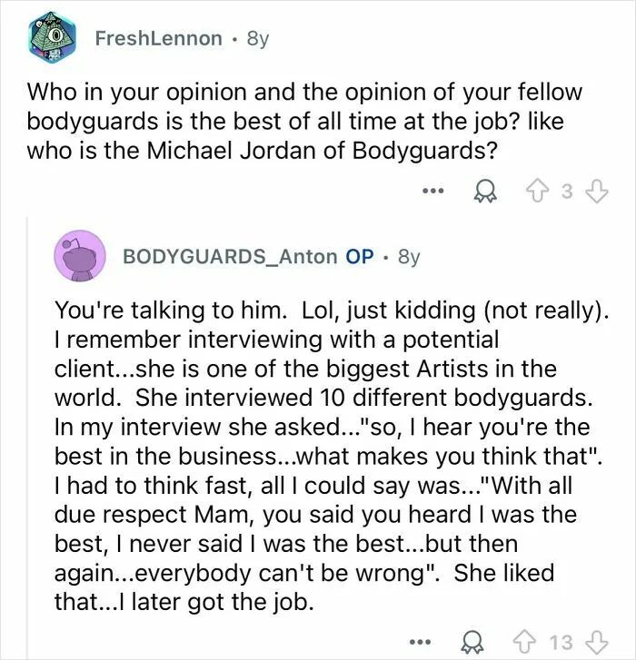 Reddit conversation where celebrity bodyguards discuss who is considered the best in the bodyguard profession.