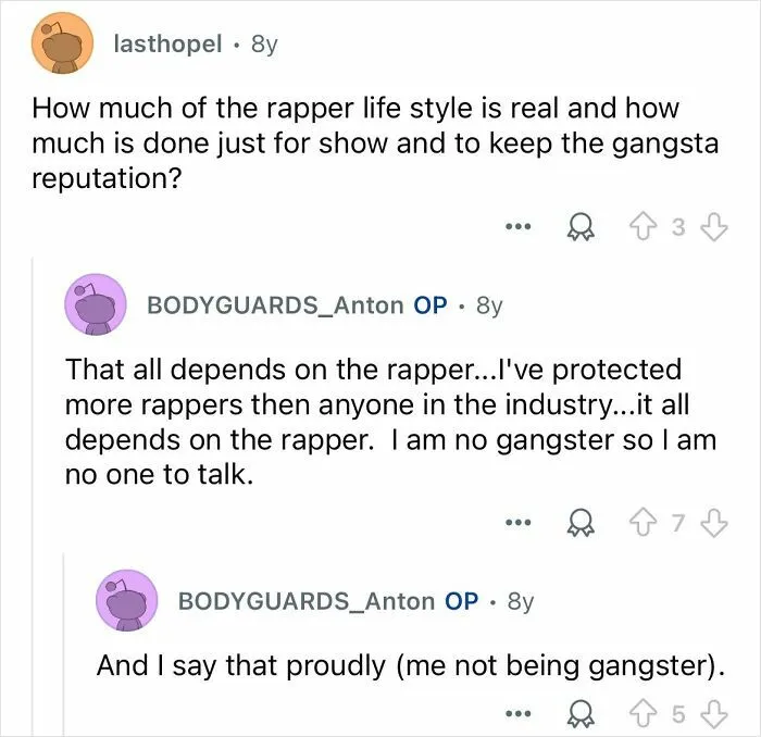 Reddit conversation where a celebrity bodyguard discusses protecting rappers and the authenticity of the rapper lifestyle.