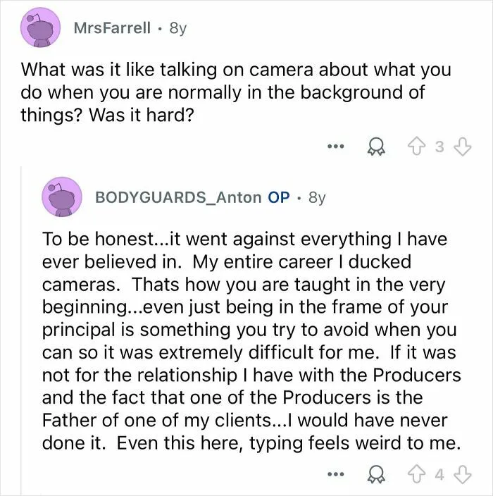 Screenshot of a conversation where a celebrity bodyguard discusses the challenges of being on camera in the thankless job.