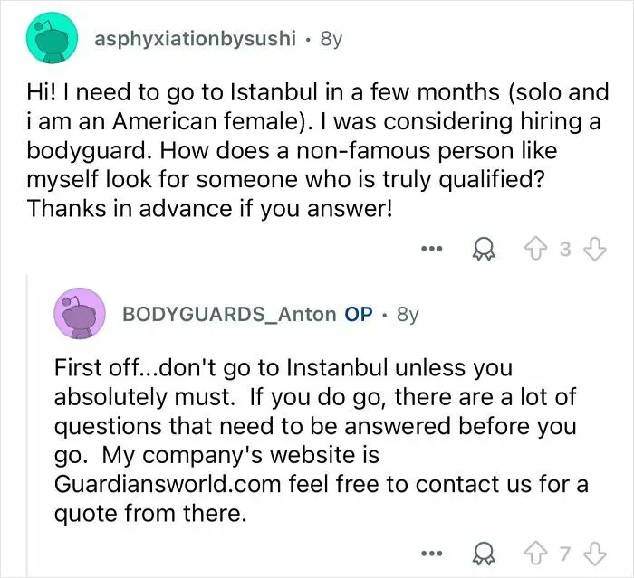 Screenshot of an online discussion about hiring qualified bodyguards for travel, highlighting challenges in the thankless job.