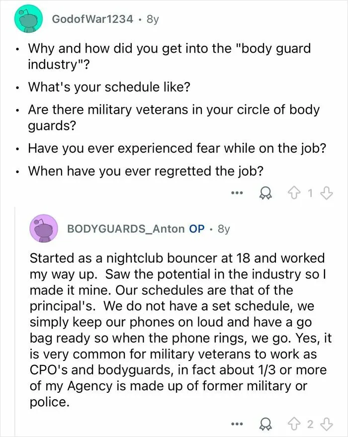 Discussion about bodyguard industry insights, schedules, and military veterans working as celebrity bodyguards.