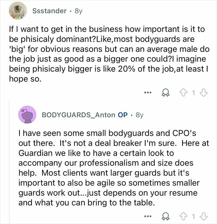 Discussion about the importance of physical size and professionalism in celebrity bodyguards’ roles and job demands.