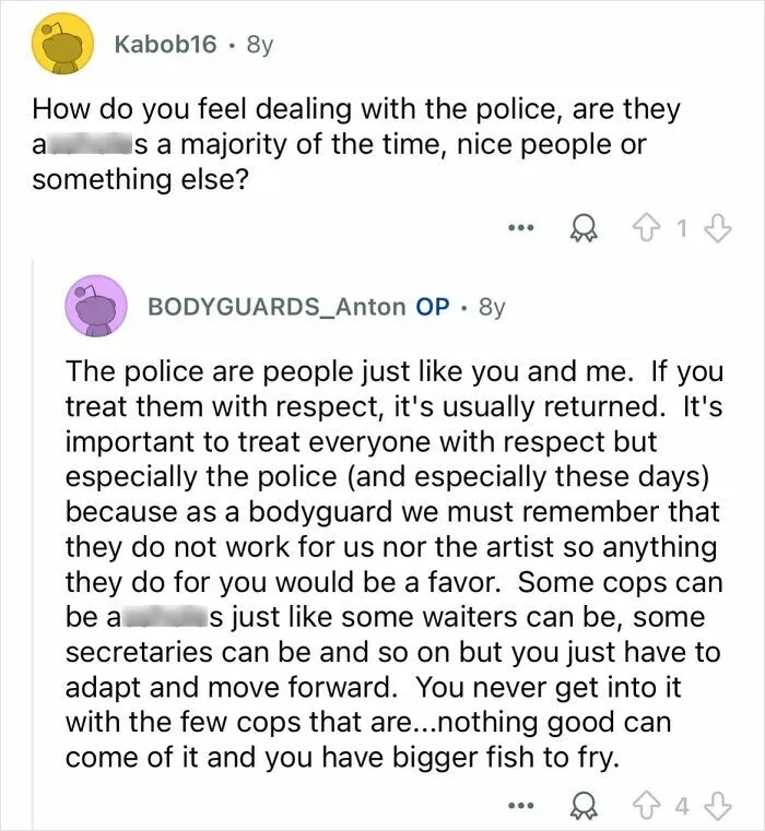 Reddit Q&A showing a bodyguard discussing respectful interactions with police, revealing insights into the bodyguard job.