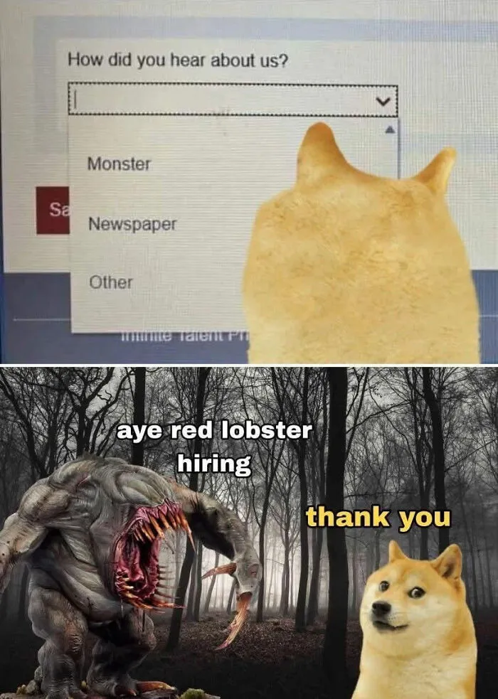 A humorous meme showing a doge reacting to outrageous job requirements in a creepy forest with a monstrous creature hiring.