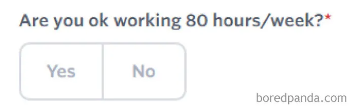 Survey question asking if candidate is okay working 80 hours per week with Yes and No response buttons.