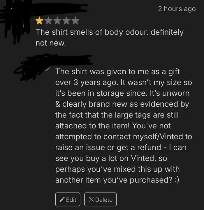One-star Vinted review claiming shirt smells of body odor, while seller insists item is new with tags and unused in storage.