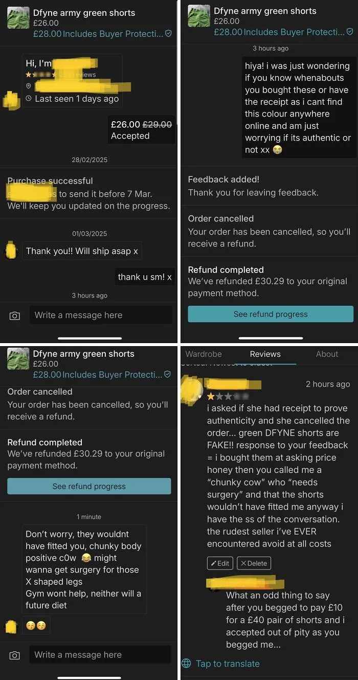 Screenshot of unhinged online selling messages about authenticity, order cancellation, refunds, and rude buyer-seller exchanges on Vinted.