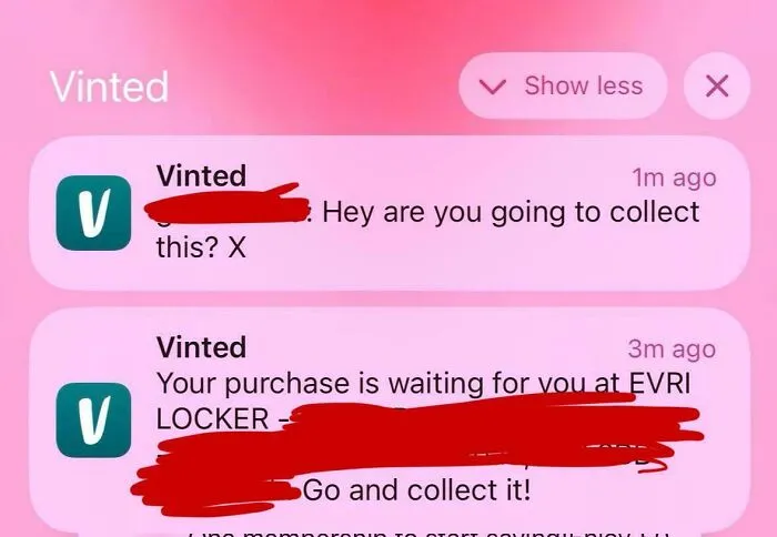 Notification alerts from Vinted app showing messages about collecting a purchase from an EVRI locker for online selling.